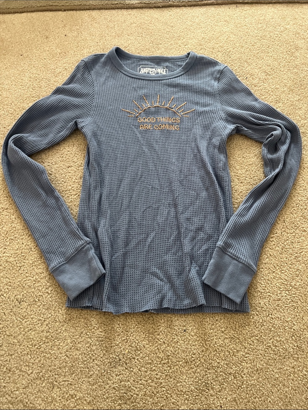 aerie Dusty Blue Waffle Long-Sleeve Tee with Gold Embroidered Sun